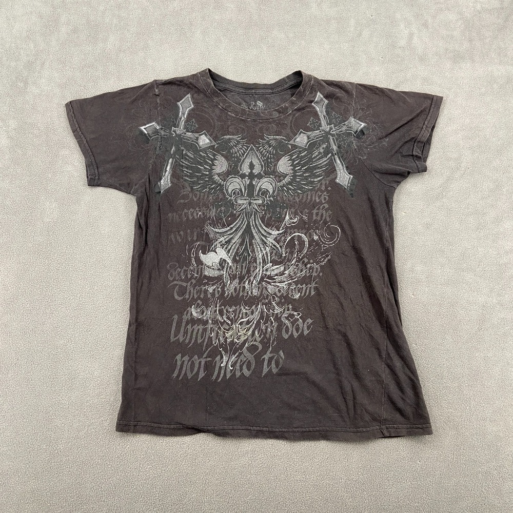 Vintage Y2K The Raw State Uncut T Shirt Sz Dark Gray Cross Wings Graphic Grunge